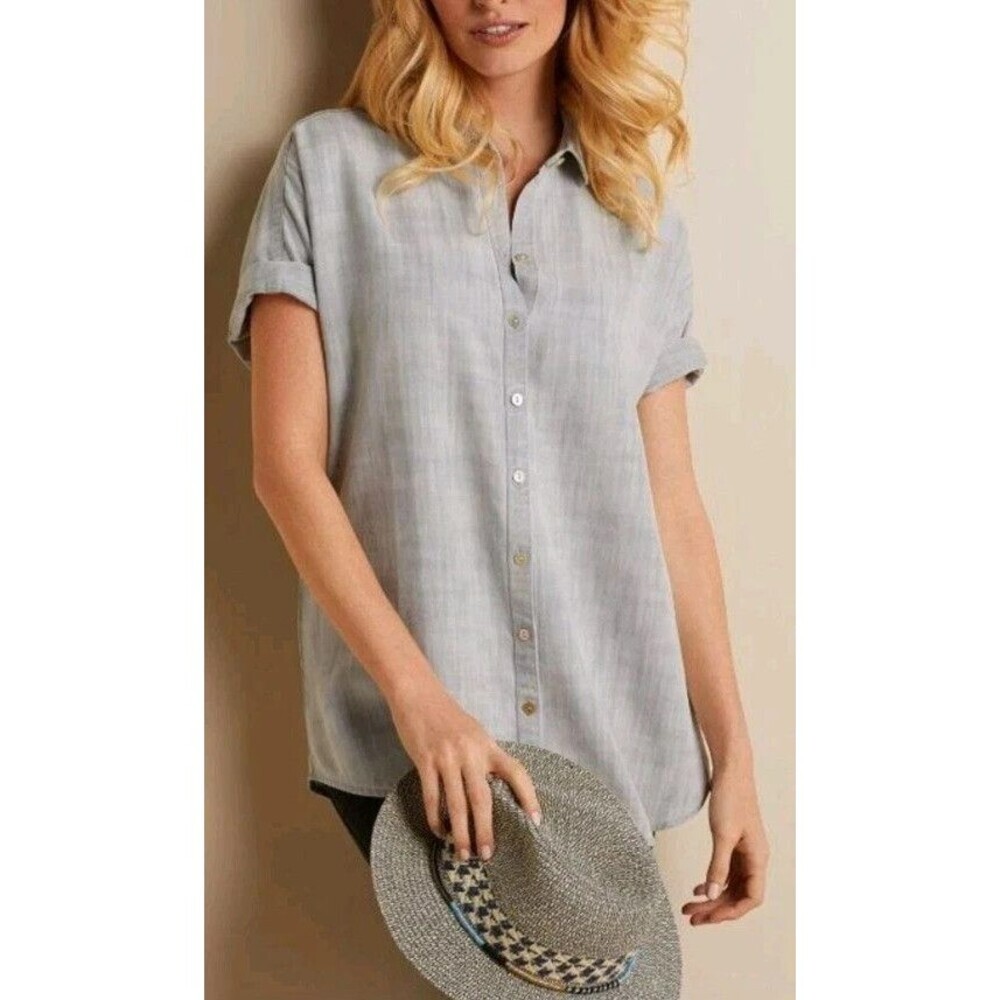 Soft Surroundings Je Veux TENCEL Shirt Size XL Light Gray Lagenlook Button Up